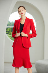 Red V-Neck Fishtail Skirt Suit - FashionByTeresa